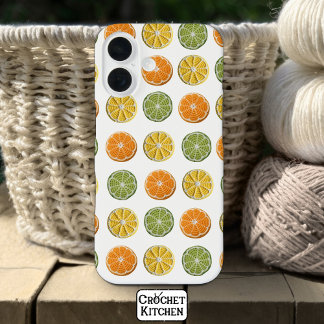 Modern minimaal vers gehaakte citrusschijfpatroon iPhone 16 hoesje