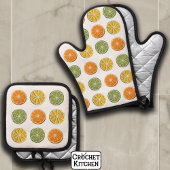 Modern minimaal vers gehaakte citrusschijfpatroon ovenwant & pannenlap set