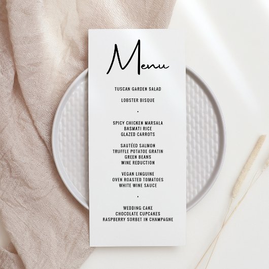 Modern minimaal vet kalligrafie bruiloft diner menu