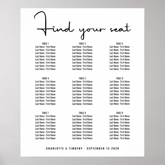 Modern minimaal vet script bruiloft zitgrafiek poster (Voorkant)