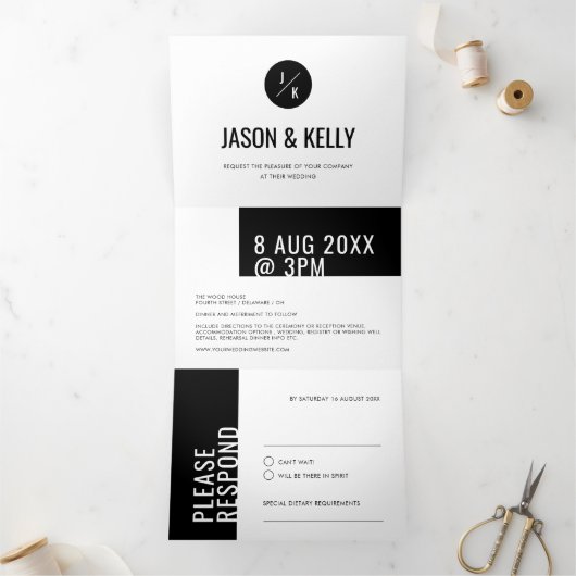 Modern minimaal vet zwart wit Geo eenvoudig Drieluik Uitnodiging (Binnen)