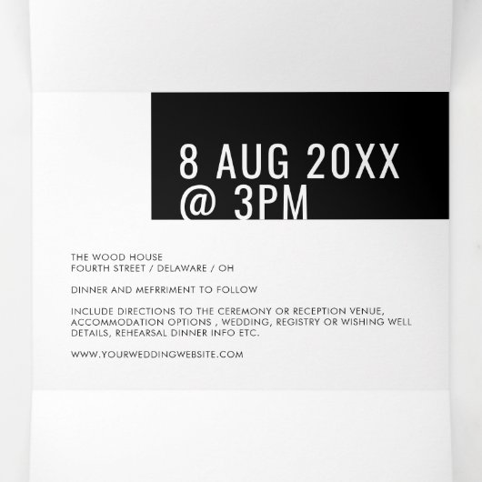 Modern minimaal vet zwart wit Geo eenvoudig Drieluik Uitnodiging (Binnenkant midden)