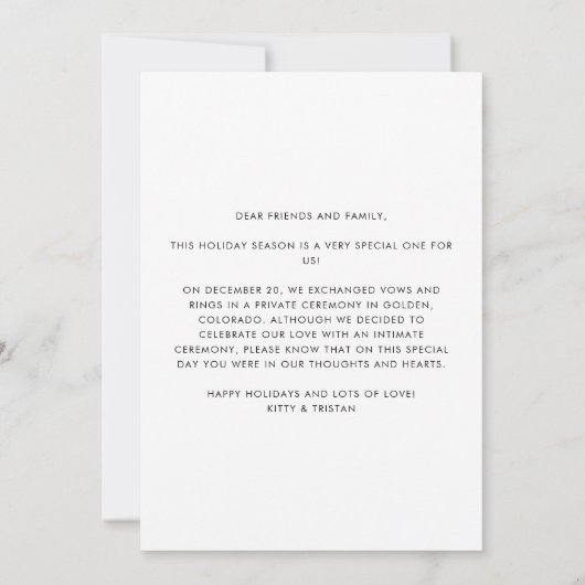 Modern minimaal We Eloped Vakantie Winter Bruiloft Aankondiging (Achterkant)