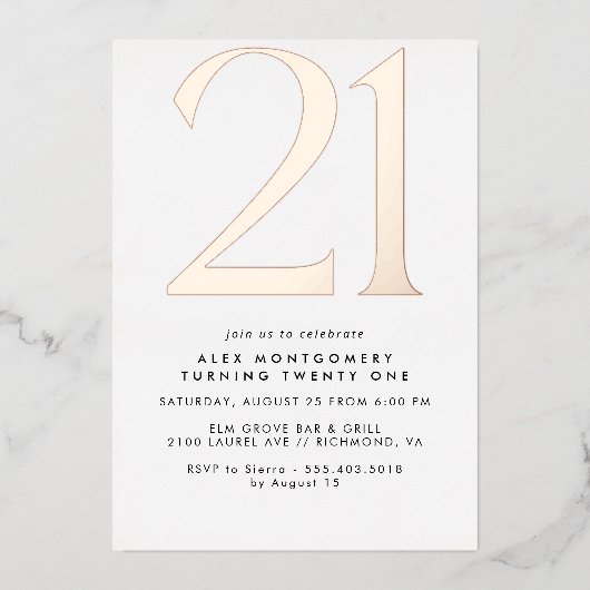 Modern minimaal | Wit & Roos Goud 21e Verjaardag Folie Uitnodiging (Voorkant)