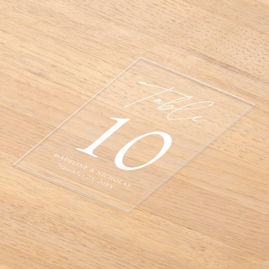 Modern minimaal wit script acryl tafel nummer acryl uitnodigingen (Laagn)