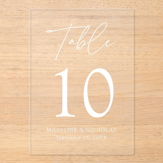 Modern minimaal wit script acryl tafel nummer acryl uitnodigingen (Voorkant)