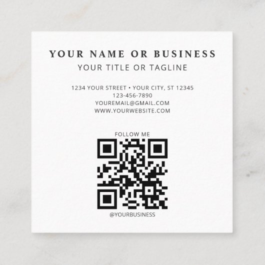 Modern Minimaal Zwart Aangepaste Logo QR Code Squa Vierkante Visitekaartje (Achterkant)