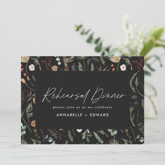 Modern Minimaal zwart botanisch repetitie diner Kaart (Staand voorkant)