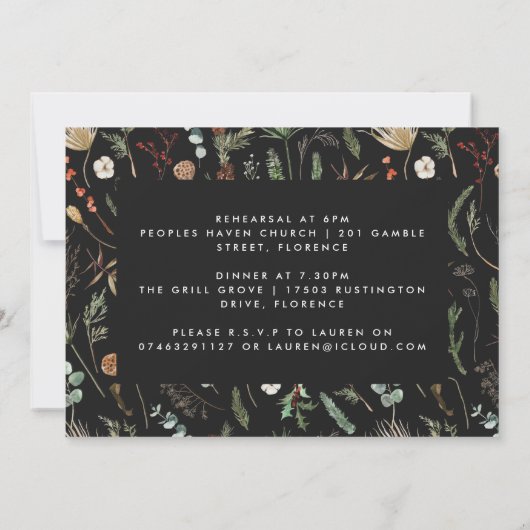 Modern Minimaal zwart botanisch repetitie diner Kaart (Achterkant)