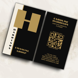 Modern minimaal zwart monogram verticale QR-code Visitekaartje