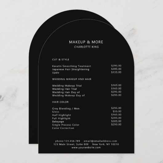 Modern, Minimaal, Zwart, Salon prijslijst Kaart (Voorkant / Achterkant)