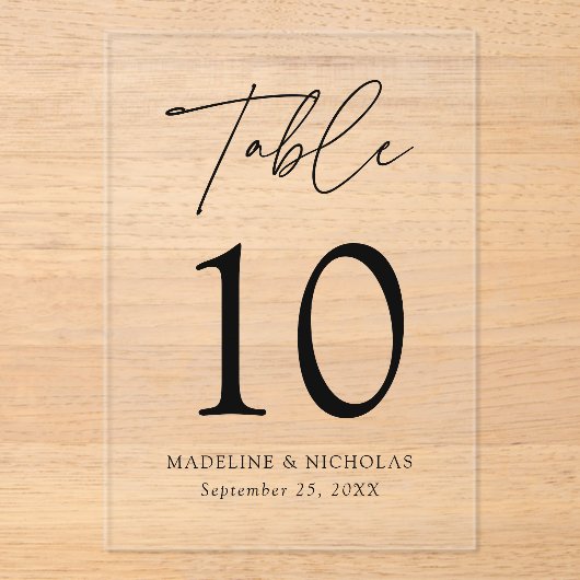 Modern minimaal zwart script acryl tafel nummer acryl uitnodigingen (Voorkant)