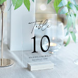 Modern minimaal zwart script acryl tafel nummer acryl uitnodigingen<br><div class="desc">Verhoog uw bruiloft decor met onze moderne minimalistische zwarte script acryl bruiloft tafel nummer Kaarten. Met het woord "Tafel" in een prachtig zwart handgeschreven script, tonen deze kaarten het tafelnummer samen met uw namen en trouwdatum op een matte of transparante acrylachtergrond, waardoor elke tafelinstelling een vleugje sophisticatie krijgt. Perfect voor...</div>