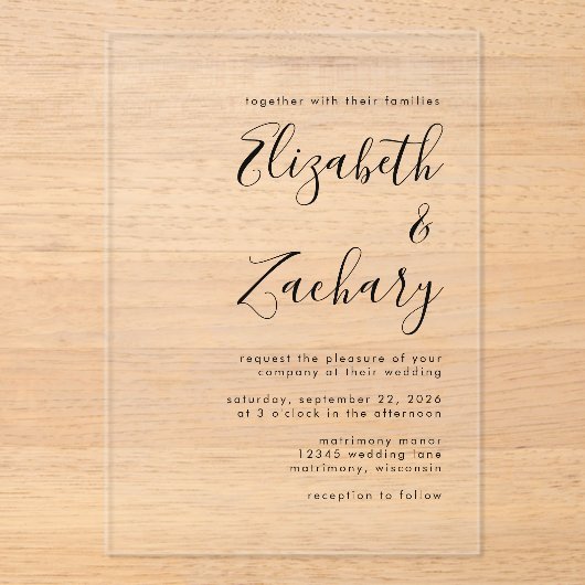 Modern Minimaal Zwart Script Bruiloft Acryl Uitnodigingen (Voorkant)
