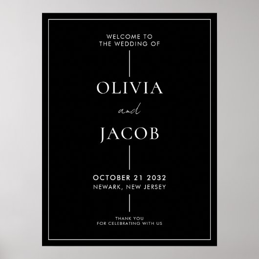 Modern Minimaal Zwart Wit Bruiloft Welkomstbord Poster (Voorkant)