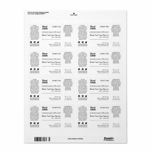 Modern minimaal zwart & wit gezicht serum product etiket (Full Sheet)
