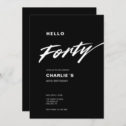 Modern Minimaal Zwart Wit Script 40e Verjaardag Kaart (Voorkant / Achterkant)