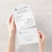 Modern Minimaal Zwart Wit Script Bruiloft All In One Uitnodiging (Afscheurbaar)