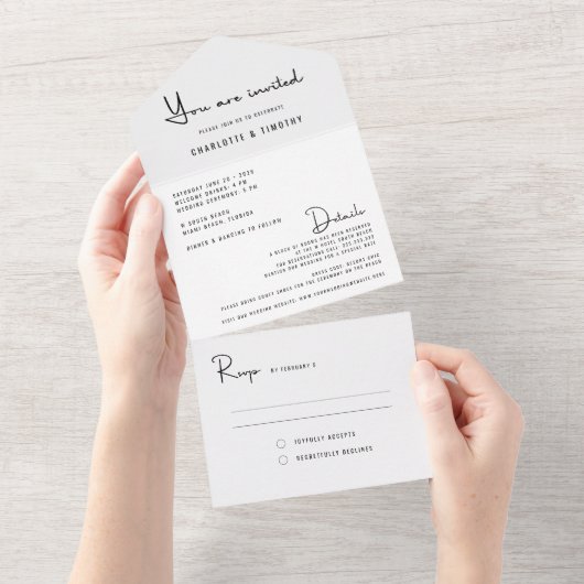 Modern Minimaal Zwart Wit Script Bruiloft All In One Uitnodiging (Afscheurbaar)