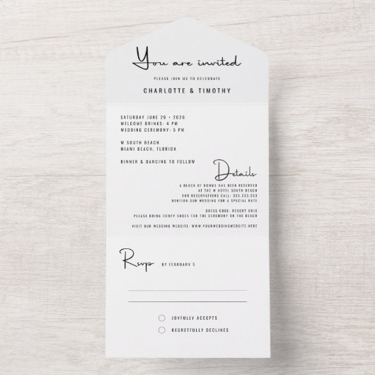 Modern Minimaal Zwart Wit Script Bruiloft All In One Uitnodiging (Binnen)