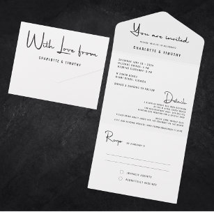 Modern Minimaal Zwart Wit Script Bruiloft All In One Uitnodiging