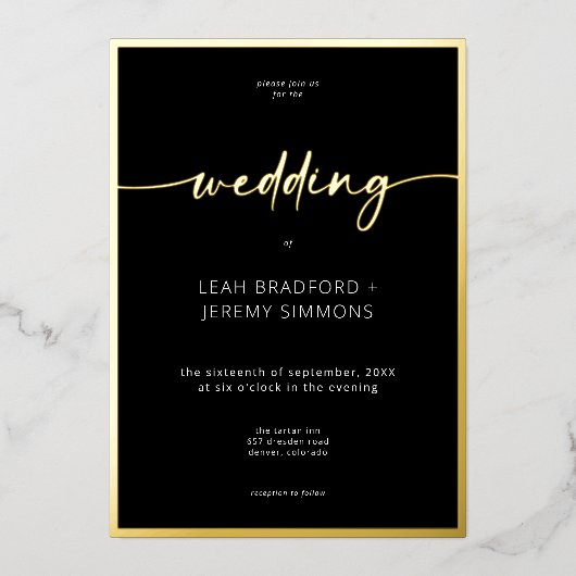Modern Minimaal Zwart Wit Script Bruiloft Folie Uitnodiging (Voorkant)