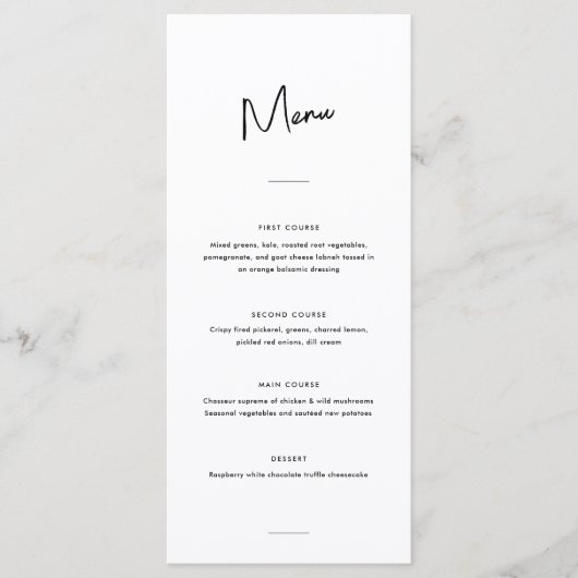 Modern Minimaal Zwart-Wit Script Bruiloft Menu (Voorkant)