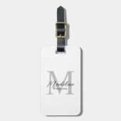 Modern Minimaal Zwart Wit Script Grijs Monogram Bagagelabel (Voorkant verticaal)