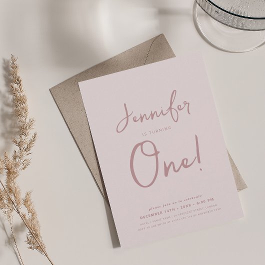 Modern Minimal 1e Verjaardag Script Blush Pink Kaart