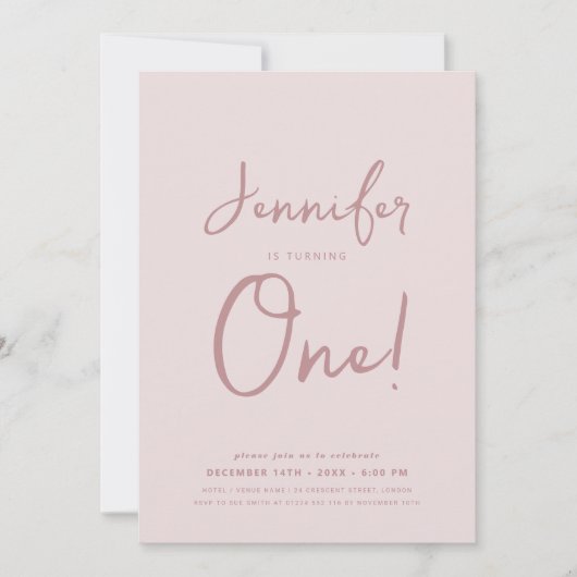 Modern Minimal 1e Verjaardag Script Blush Pink Kaart (Voorkant)