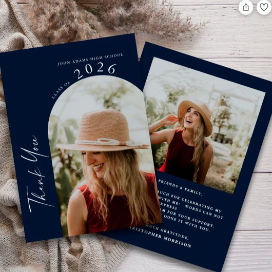 Modern Minimal 2 Foto Script Navy Blauwe Afstudere Bedankkaart
