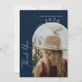 Modern Minimal 2 Foto Script Navy Blauwe Afstudere Bedankkaart (Voorkant)