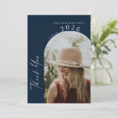 Modern Minimal 2 Foto Script Navy Blauwe Afstudere Bedankkaart (Staand voorkant)