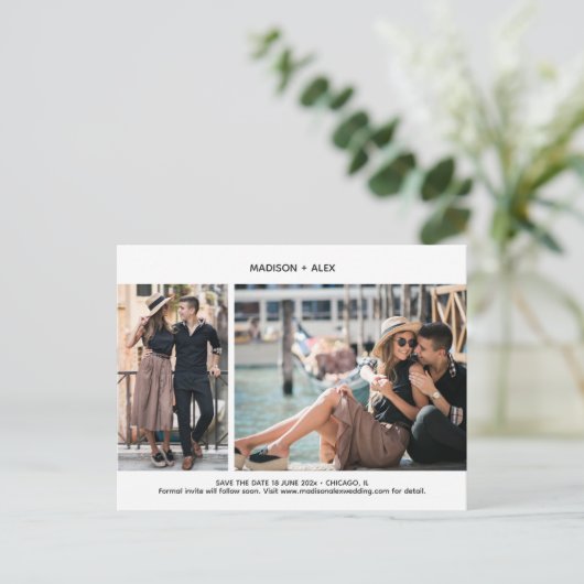 Modern Minimal 2-Photo Save the Date Briefkaart (Staand voorkant)