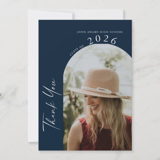 Modern Minimal 2 Photo Script Navy Blue Graduation Bedankkaart (Voorkant)