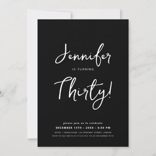 Modern Minimal 30th Birthday Script Zwart Kaart (Voorkant)