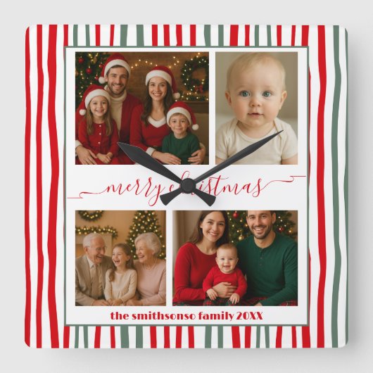 Modern Minimal 4 Photo merry Christmas Vierkante Klok (Voorkant)