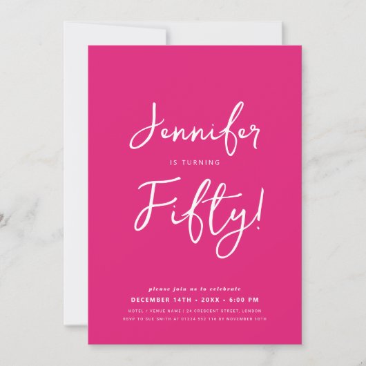 Modern Minimal 50th Birthday Script Hot Pink Kaart (Voorkant)