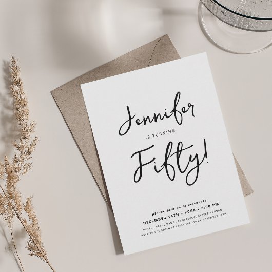 Modern Minimal 50th Birthday Script Zwart & Wit Kaart