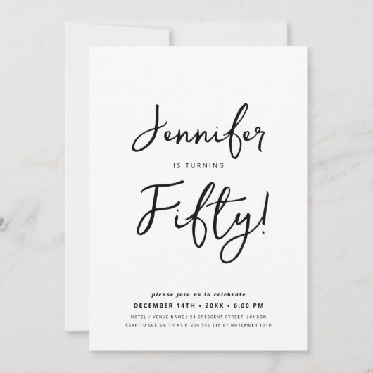 Modern Minimal 50th Birthday Script Zwart & Wit Kaart (Voorkant)