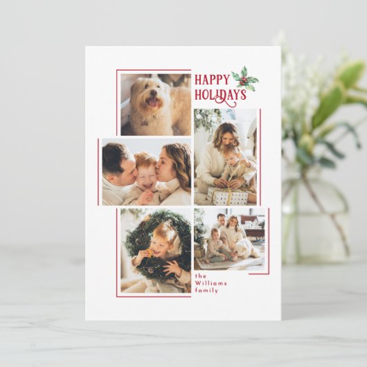 Modern Minimal 5 Fotocollage Kerstmis Feestdagenkaart (Staand voorkant)