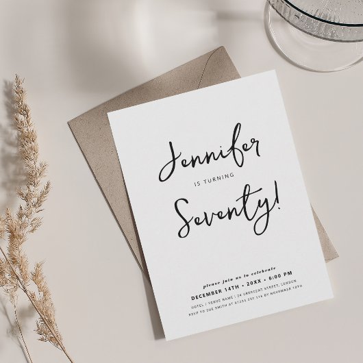 Modern Minimal 70th Birthday Script Zwart & Wit Kaart