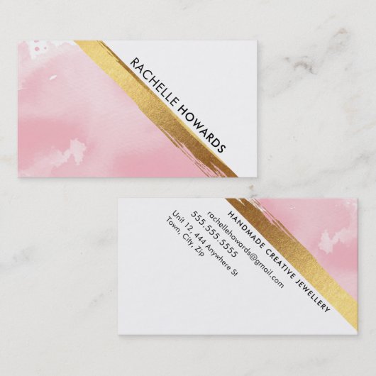 MODERN MINIMAL ANGLE roze waterverf goudborstel Visitekaartje (Voorkant / Achterkant)