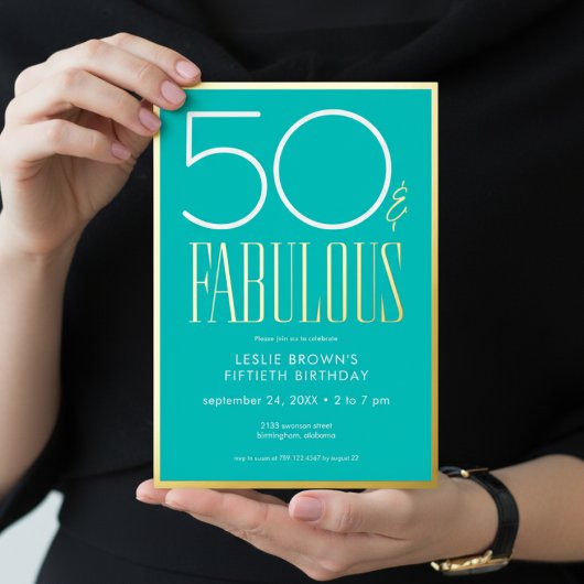 Modern Minimal Aqua Fifty & Fabulous Birthday Folie Uitnodiging