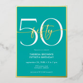 Modern Minimal Aqua Fifty Script Verjaardag Folie Uitnodiging (Voorkant)