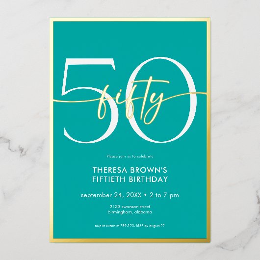 Modern Minimal Aqua Fifty Script Verjaardag Folie Uitnodiging (Voorkant)