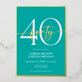 Modern Minimal Aqua Gold Script Veertig Verjaardag Folie Uitnodiging (Voorkant)