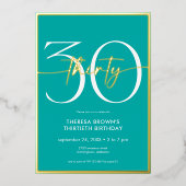 Modern Minimal Aqua Thirty Script Verjaardag Folie Uitnodiging (Voorkant)