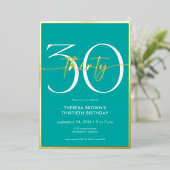 Modern Minimal Aqua Thirty Script Verjaardag Folie Uitnodiging (Staand Voorkant)