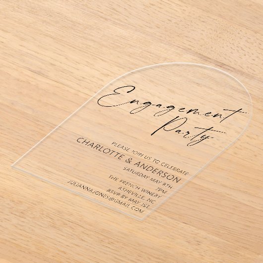 Modern Minimal Arch Black Script Engagement Party Acryl Uitnodigingen (Laagn)